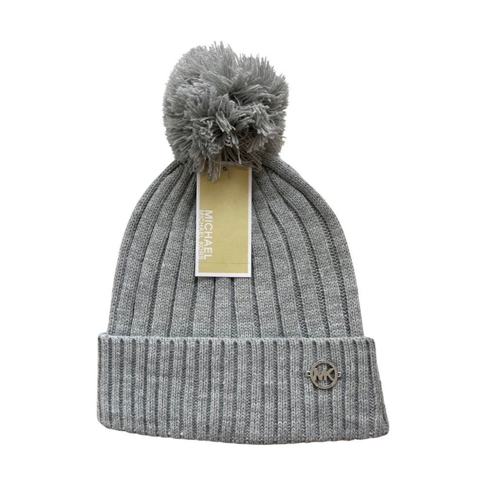 Michael Kors Light Gray Pom Pom Beanie Ribbed Knit Women's Hat NWT